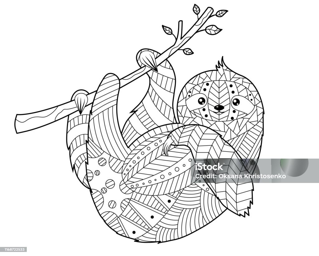 Coloring book for adults in the style of doodling sloth stock illustration