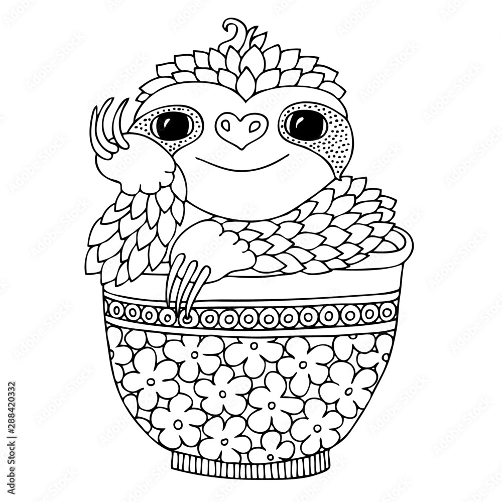 Cute smiling sloth sitting in a mug hand drawn lovely sloth for adult coloring page vector illustration may be used for print on t