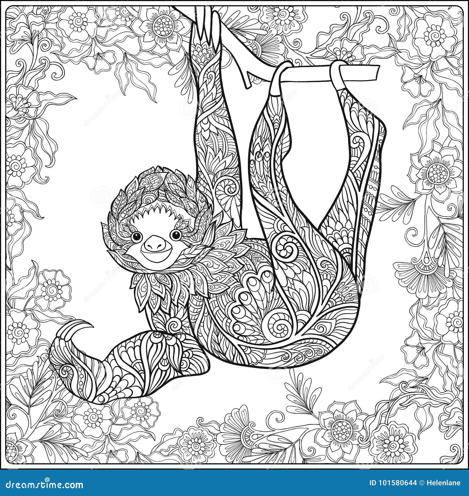 Coloring page with lovely sloth in forest stock illustration