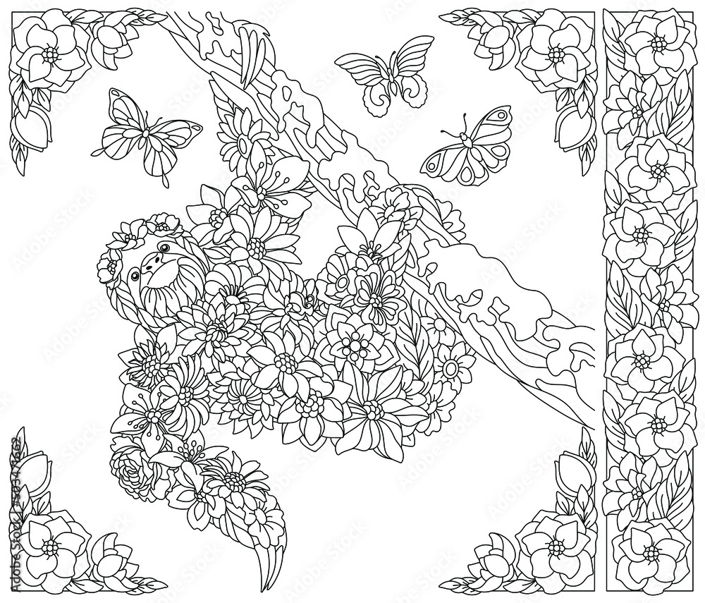 Adult coloring book page floral sloth on the tree ethereal animal consisting of flowers leaves and butterflies vector