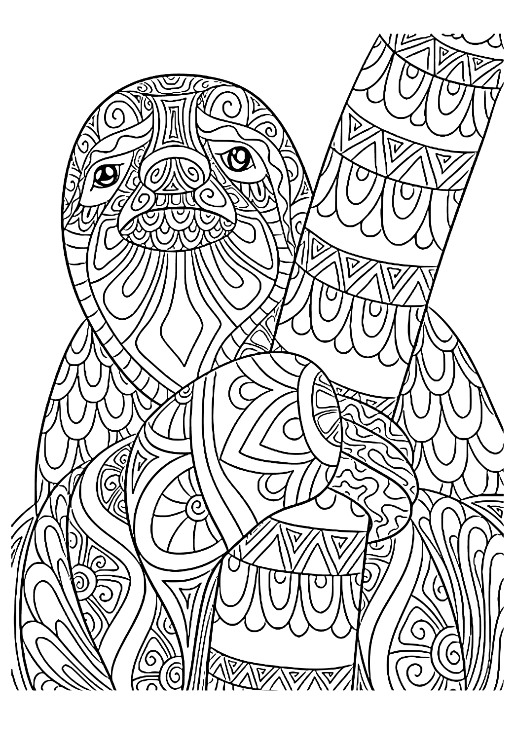 Free printable sloth mandala coloring page for adults and kids