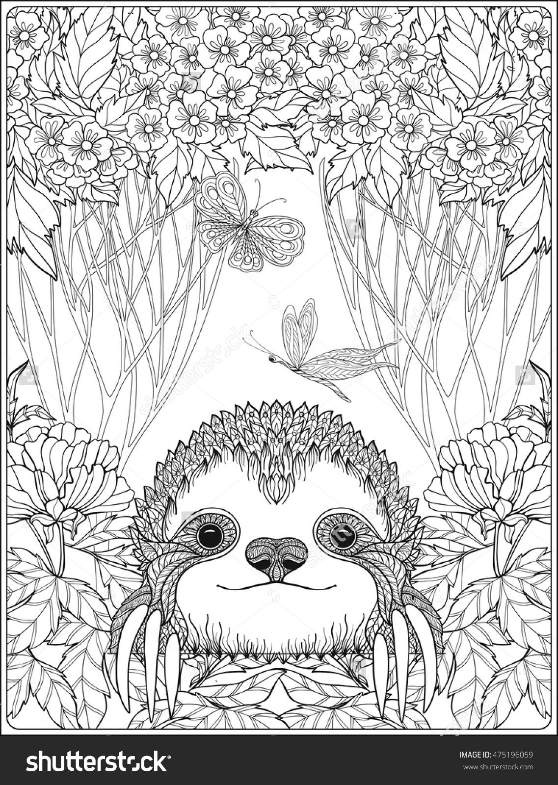 Cute sloth in forest coloring page for adults shutterstock animal coloring pages pattern coloring pages cute coloring pages