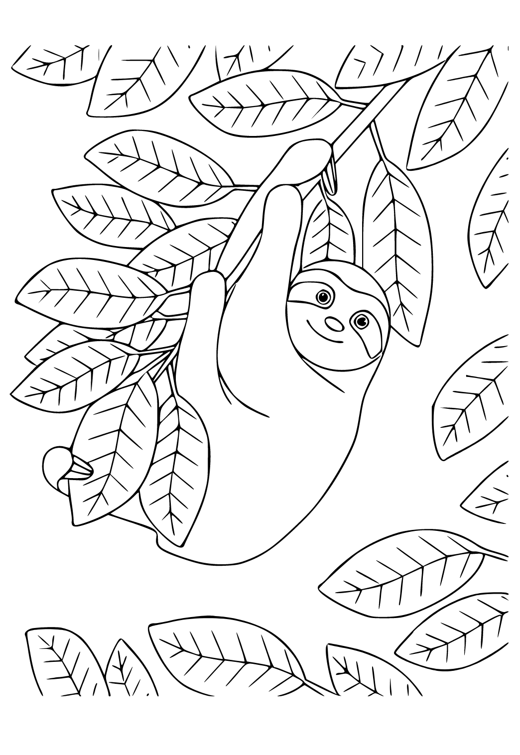 Free printable sloth leaves coloring page for adults and kids