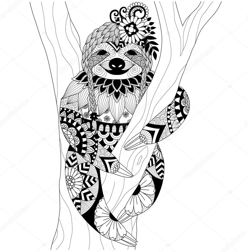 Sloth zentangle design for coloring book for adult and other decorations stock vector by somjaicindygmail