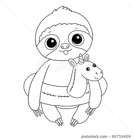 Baby sloth with unicorn rubber ring coloring page