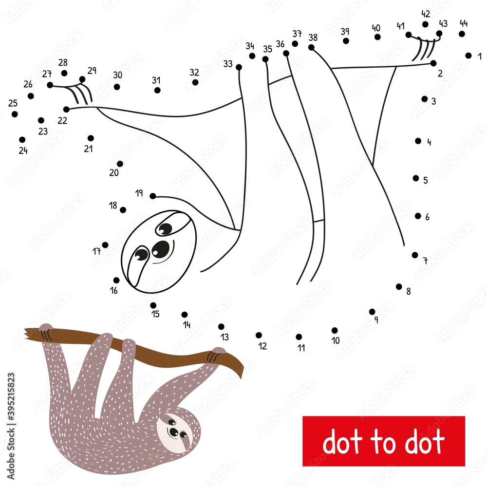 A cute sloth hanging on a branch connect the dots in order educational numbers game vector illustration coloring book page with color pattern vector