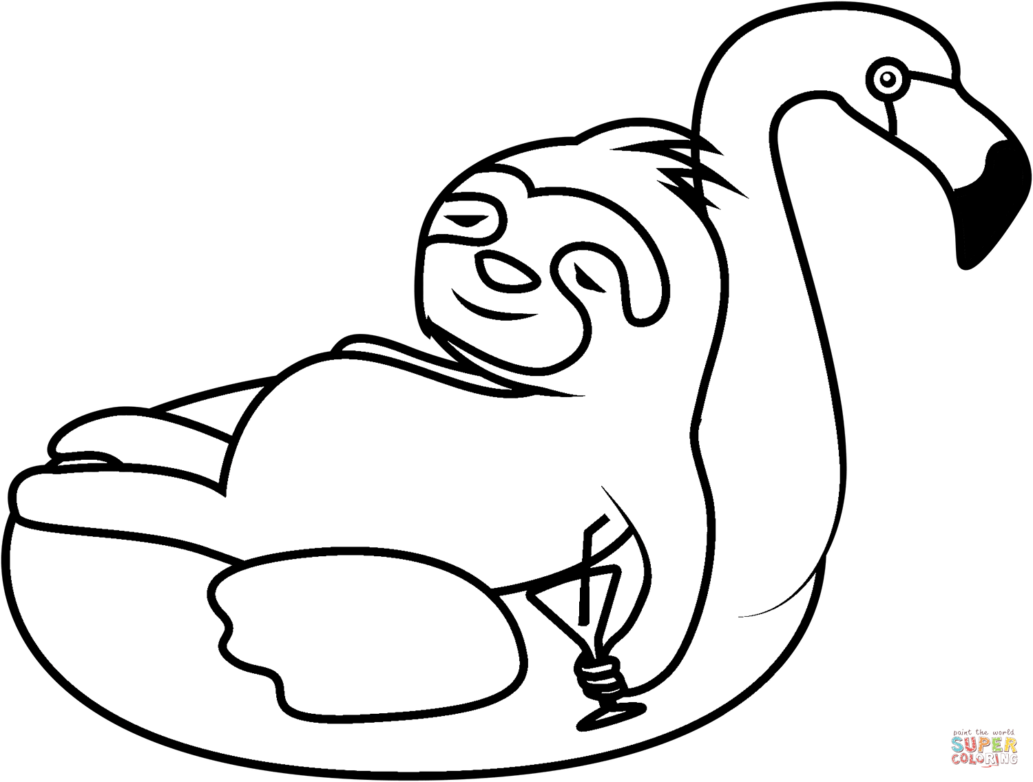 Lazy sloth floating on a flamingo coloring page free printable coloring pages