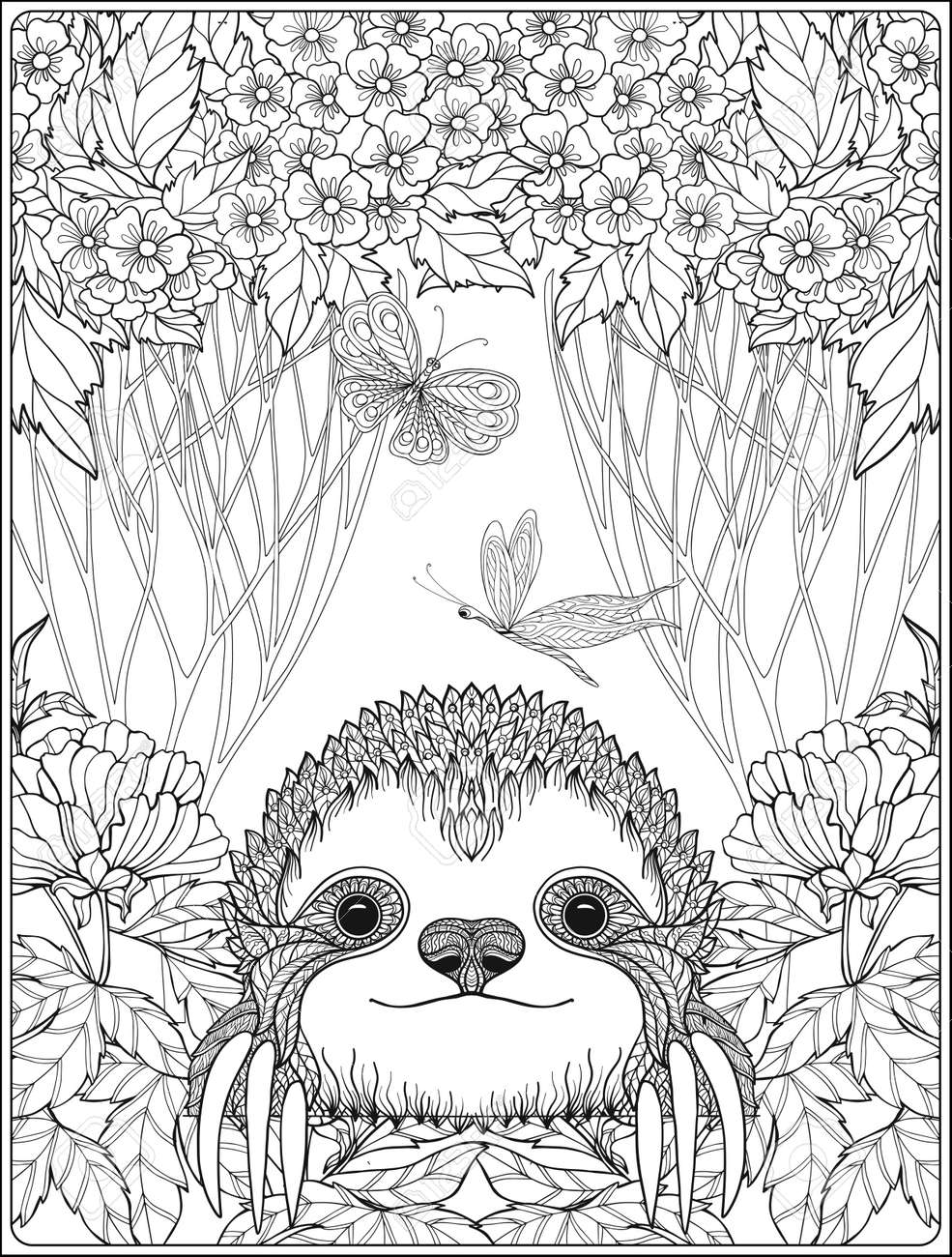 Coloring page with lovely sloth in forest coloring book for adult and older children vector illustration outline drawing royalty free svg cliparts vectors and stock illustration image