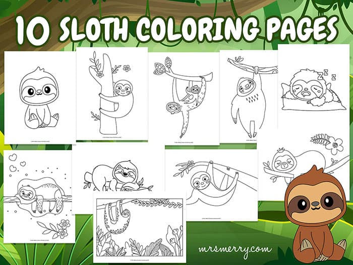 Free sloth coloring pages printable mrs merry