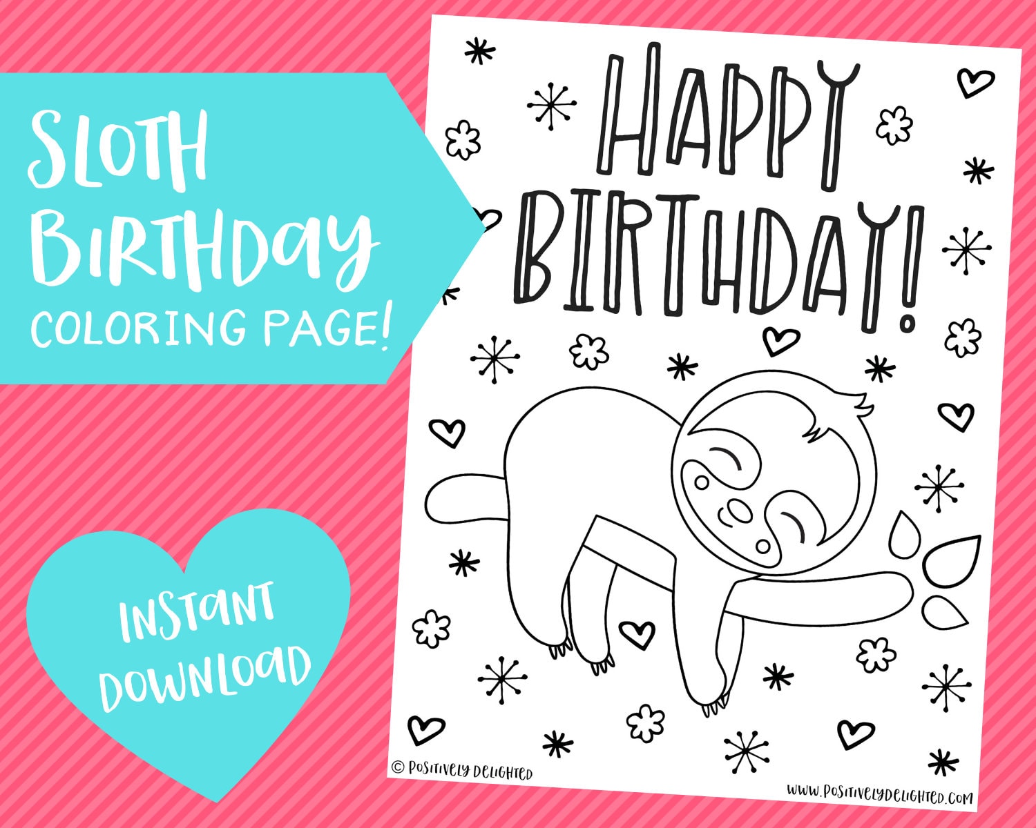 Cute sloth birthday coloring page printable sloth party favor sloth activity printable coloring pages instant download pdf