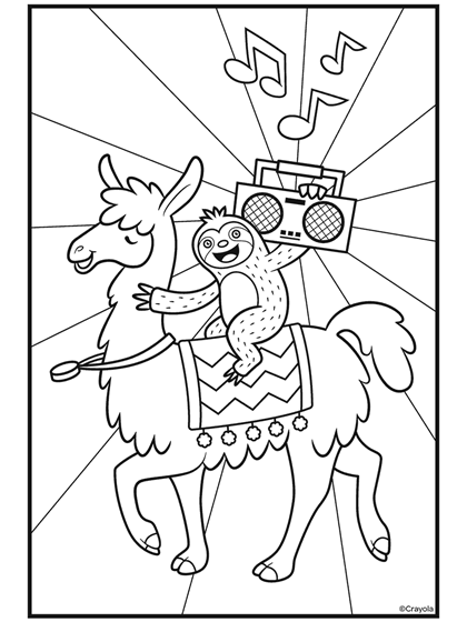 Sloths love llamas boombox coloring page