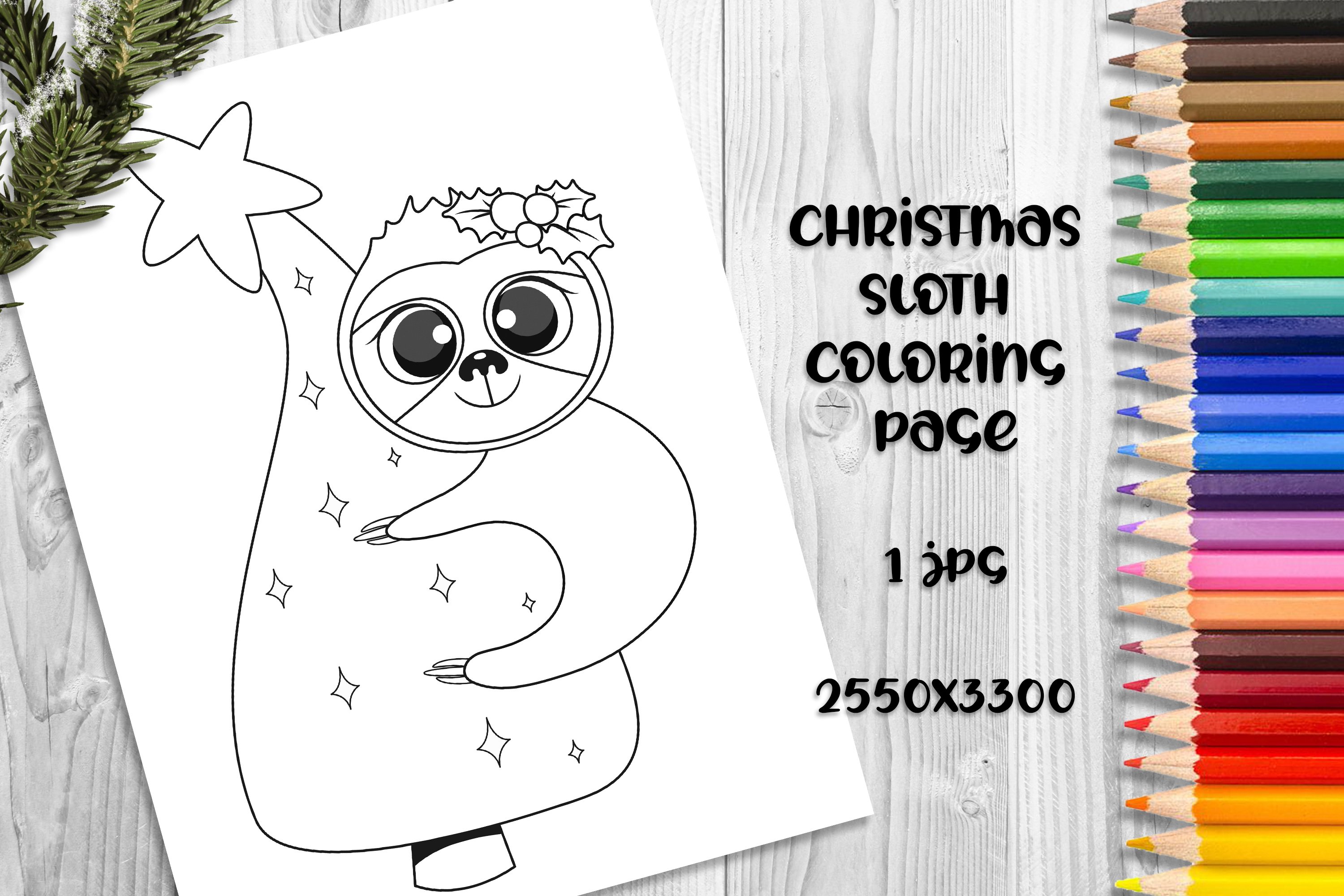 Cute christmas sloth coloring book page for kids