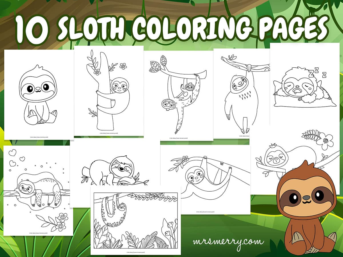 Free sloth coloring pages printable mrs merry