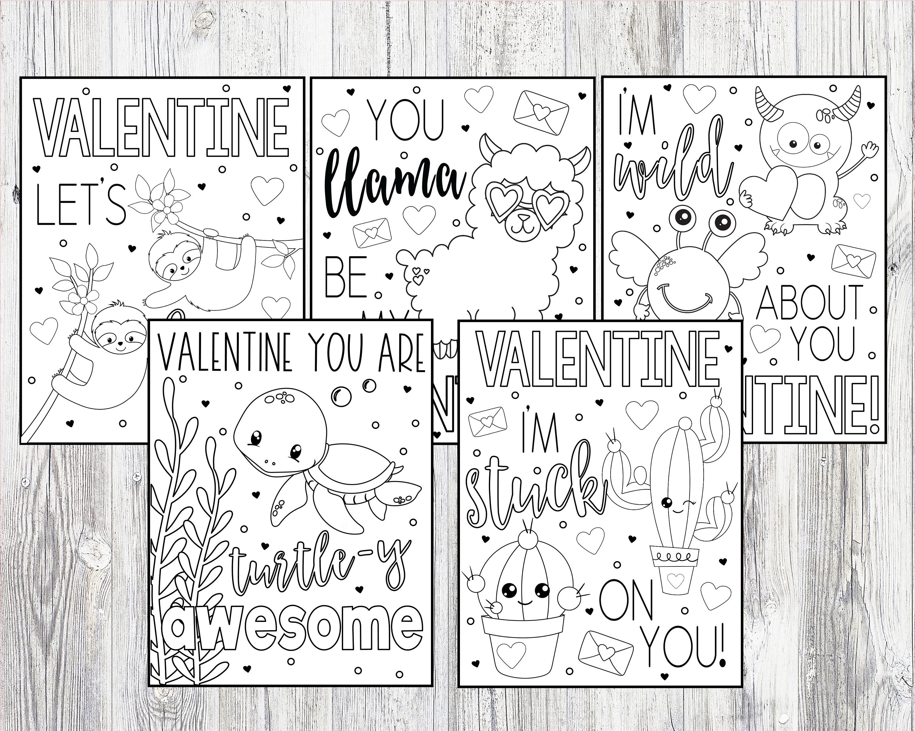 Printable valentines day coloring pages for kids or adults sloth cactus love monster llama sea turtle pages instant digital download