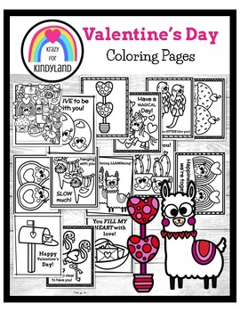 Valentines day coloring pages booklet llama sloth flamingo otter hearts