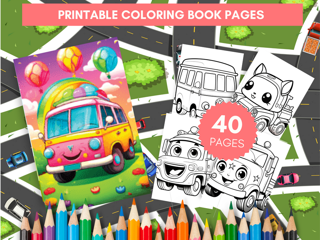 Cute kawaii vehicles transportation kids coloring book printable p â