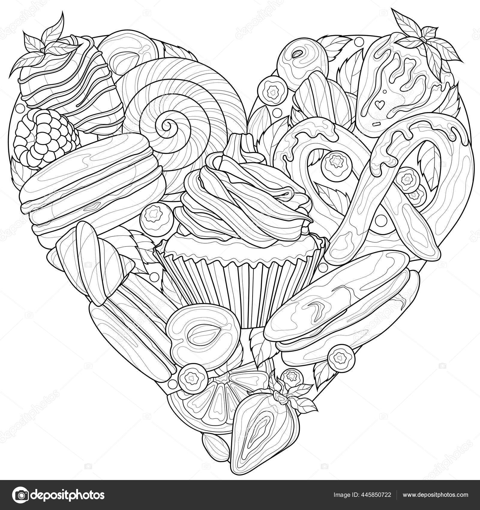 Heart shaped sweets coloring book antistress children adults illustration isolated stock vector by vlasenkoekaterinkagmail