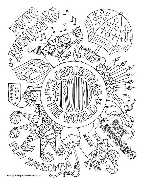 Christmas around the world coloring page kids holiday slugs and bugs printable download pdf