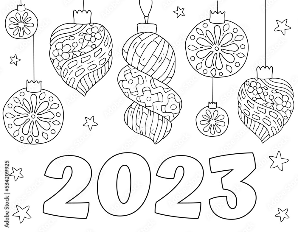 Hand drawing coloring page for kids and adults holiday greeting new year beautiful drawing with patterns and small details coloring book pictures vector vector