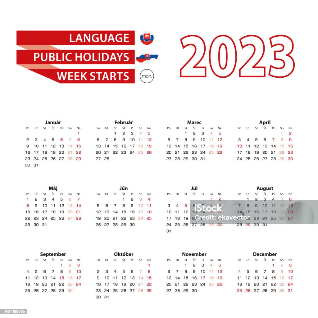 Calendar in slovak language with public holidays the country of slovakia in year stock illustration