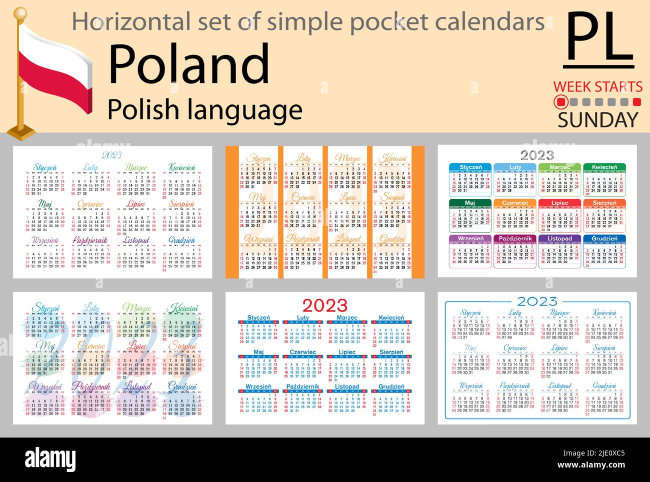 Polish horizontal pocket calendar for two thousand twenty three week starts sunday new year color simple design vector stock vector image art