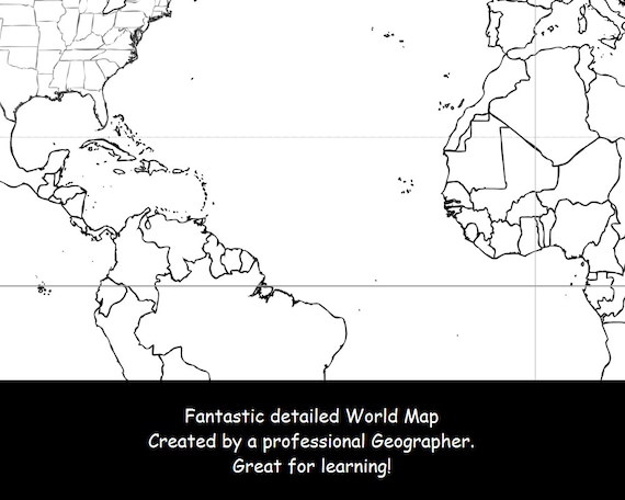 World map coloring page black white map countries outline map without labels x inch instant download