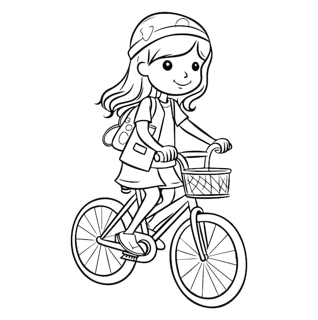 Premium vector happy little girl riding a bicycle vector black and white coloring page line art clipart