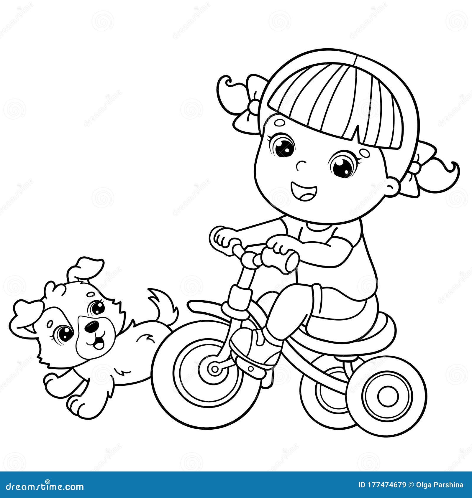 Coloring page outline of a cartoon girl riding a bicycle or bike with a dog coloring book for kids stock vector