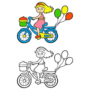 Premium vector happy little girl riding a bicycle vector black and coloring page for kids