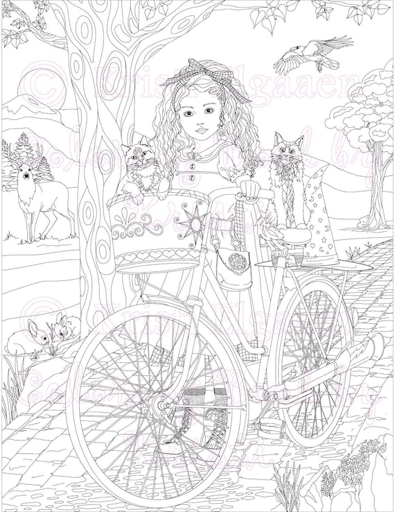 Little witches and wild things fantasy art adult coloring page bicycle cat coloring page fantasy coloring aria digital download
