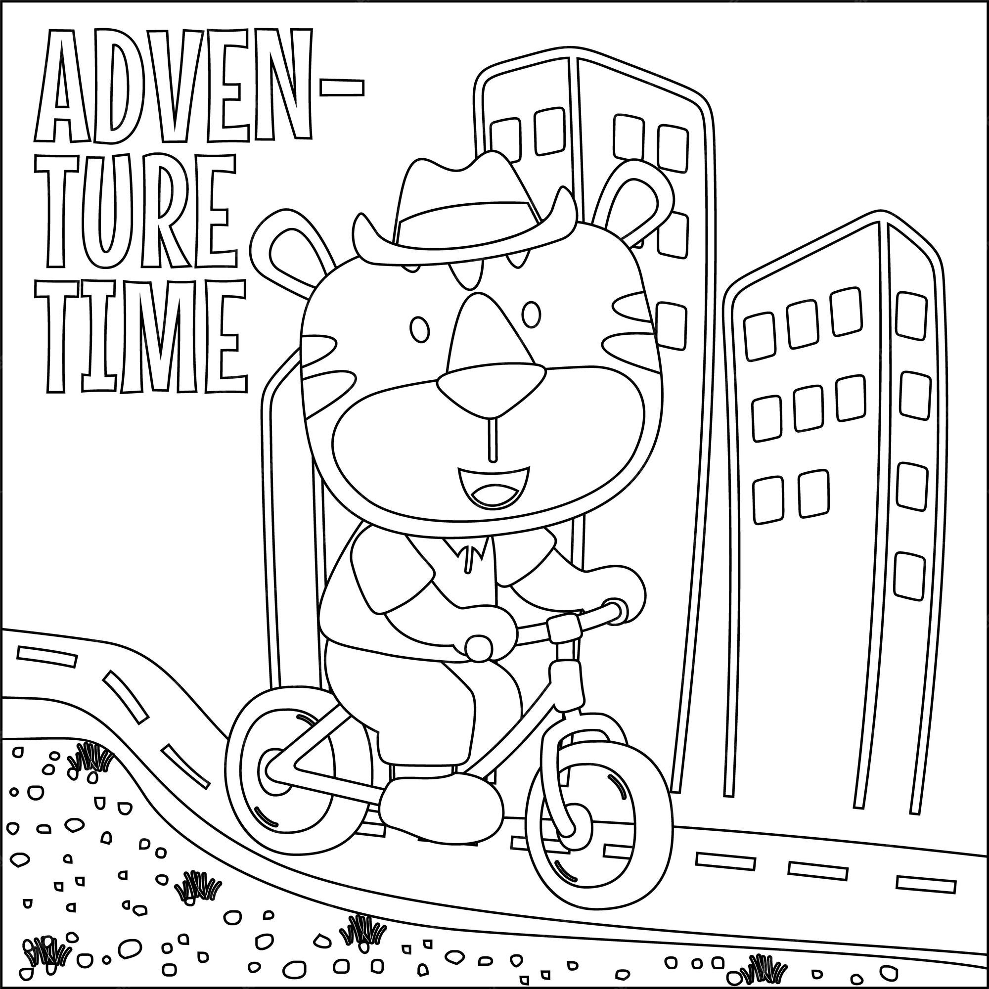 Premium vector cute little bear riding bicycle trendy children graphic coloring book