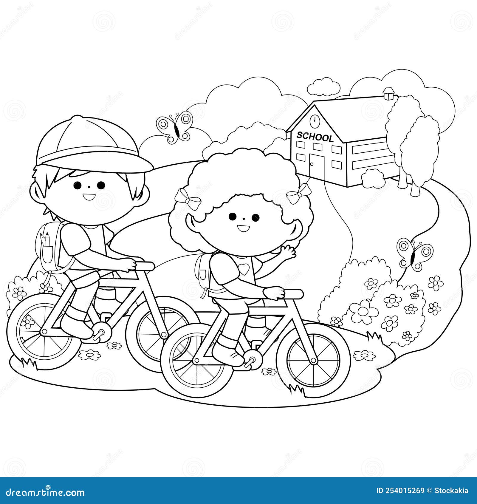 Children riding their bicycles to school vector black and white coloring page stock vector