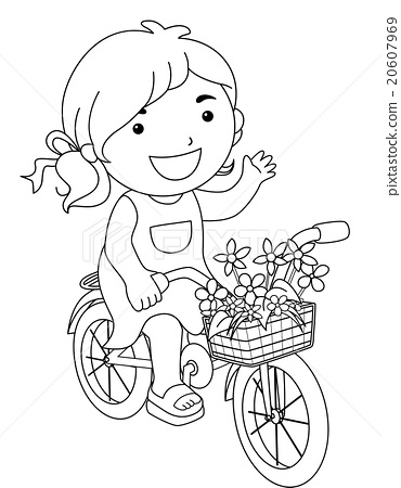 Line art kid girl flower bicycle color page