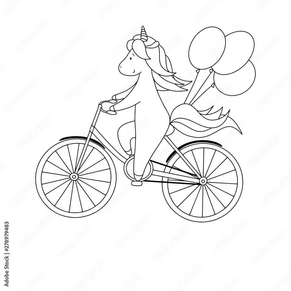 Cute little unicorn is riding a bicycle with balloons hand drawn black and white vector illustration for coloring book illustration