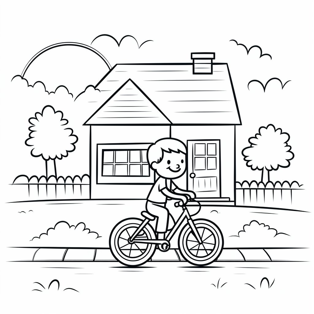 Chase lean on x prompt a very simple clean and minimalistic kids coloring book page of a young boy riding a bicycle with thick lines and small a house in the