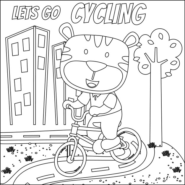 Premium vector cute little tiger riding bicycle trendy children graphic coloring book