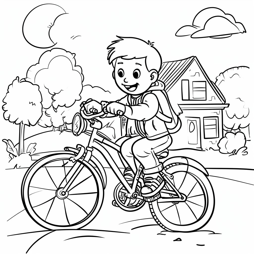 Chase lean on x prompt a very simple clean and minimalistic kids coloring book page of a young boy riding a bicycle with thick lines and small a house in the