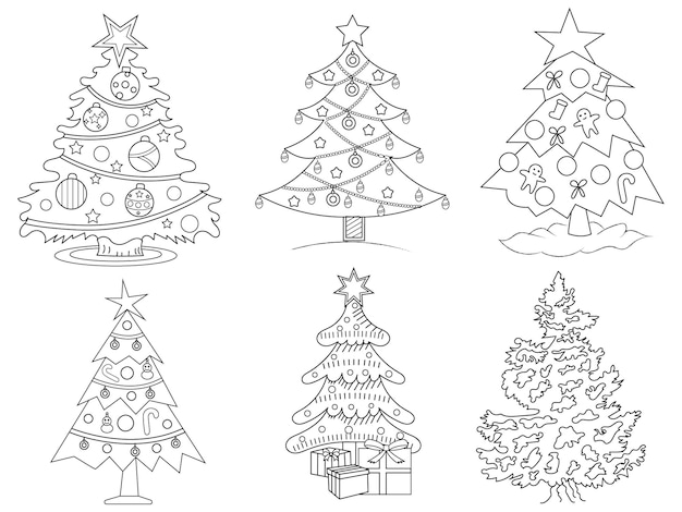 Premium vector christmas tree black and white vector illustration for coloring book