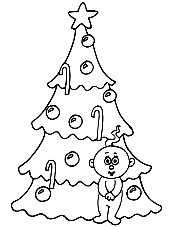 Christmas tree coloring page small child by tree