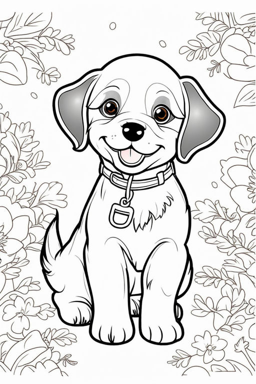 A very cute fluffy small dog smiling full body curled up tail coloring book