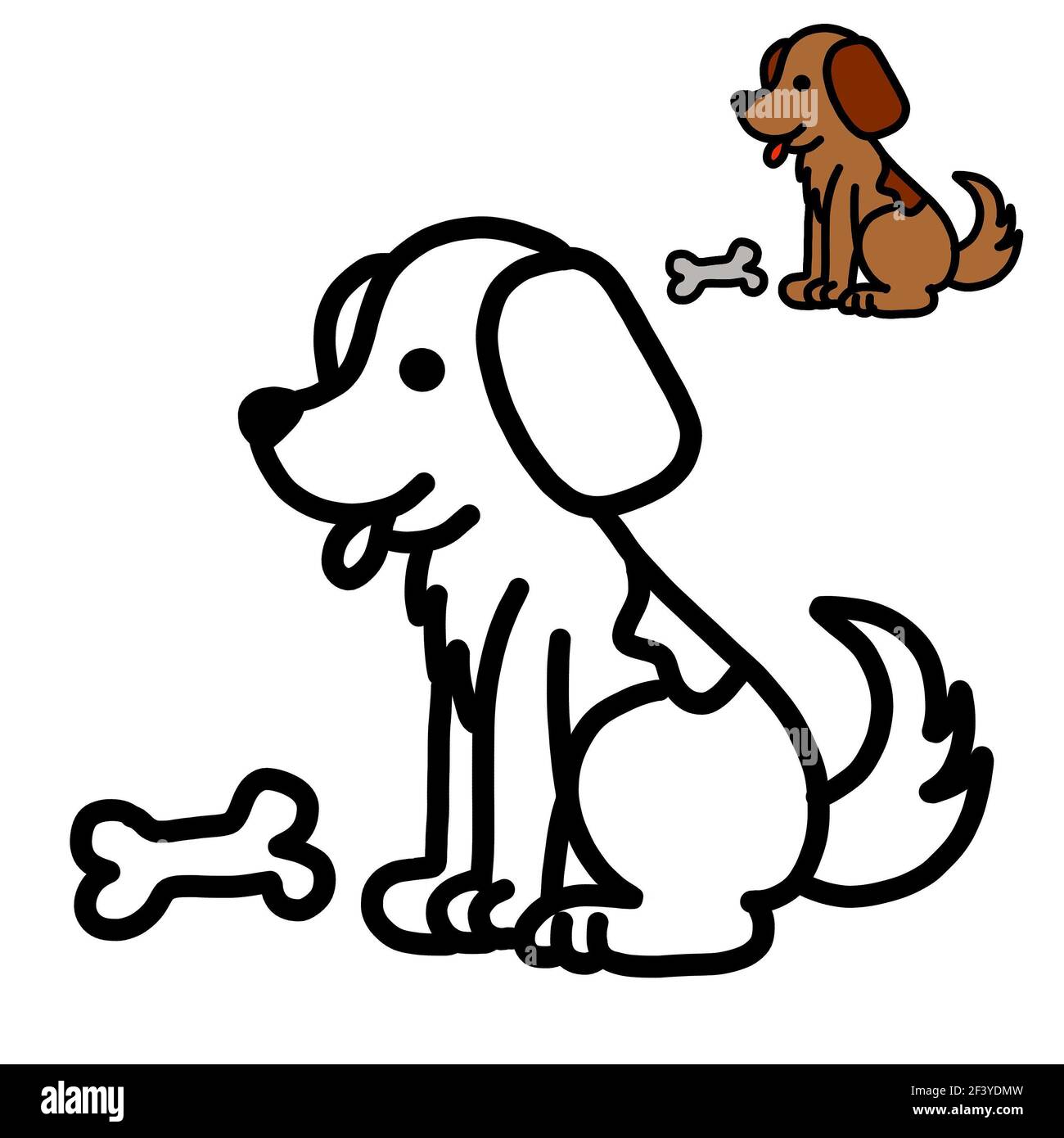 A coloring page for kids with a thick outline and a sample of how to color a dog and bone stock photo