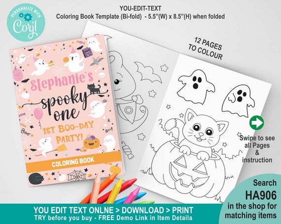 Editable spooky one halloween coloring bookcute little white ghost girl st birthday activity book kid party favor bifold x ha