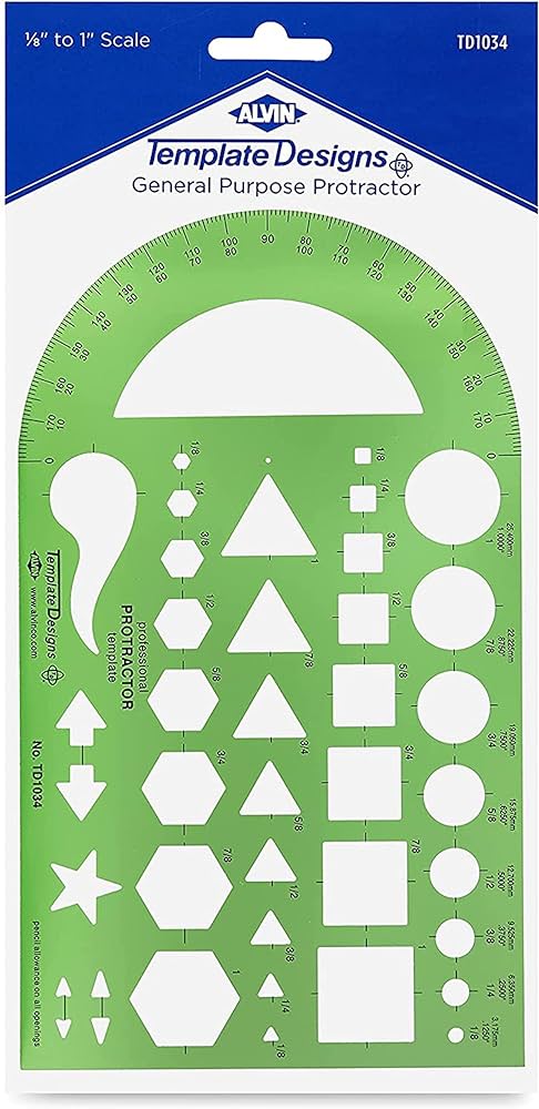 Alvin td plastic green general purpose protractor template ideal for planning and drafting