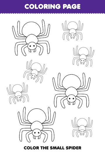 Premium vector education game for children coloring page big or small picture of cute cartoon spider line art printable bug worksheet