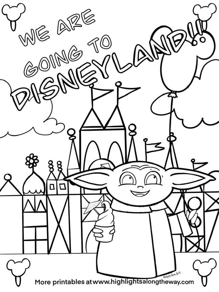 Baby yoda says we are going to disneyland coloring page printable