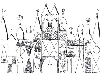 Its a small world original drawing coloring page inspired by mary blair