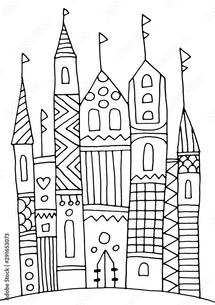 Toy castle from a fairy tale coloring page hand drawing coloring book for children and adults beautiful drawings with patterns and small details one of a series of painted pictures illustration