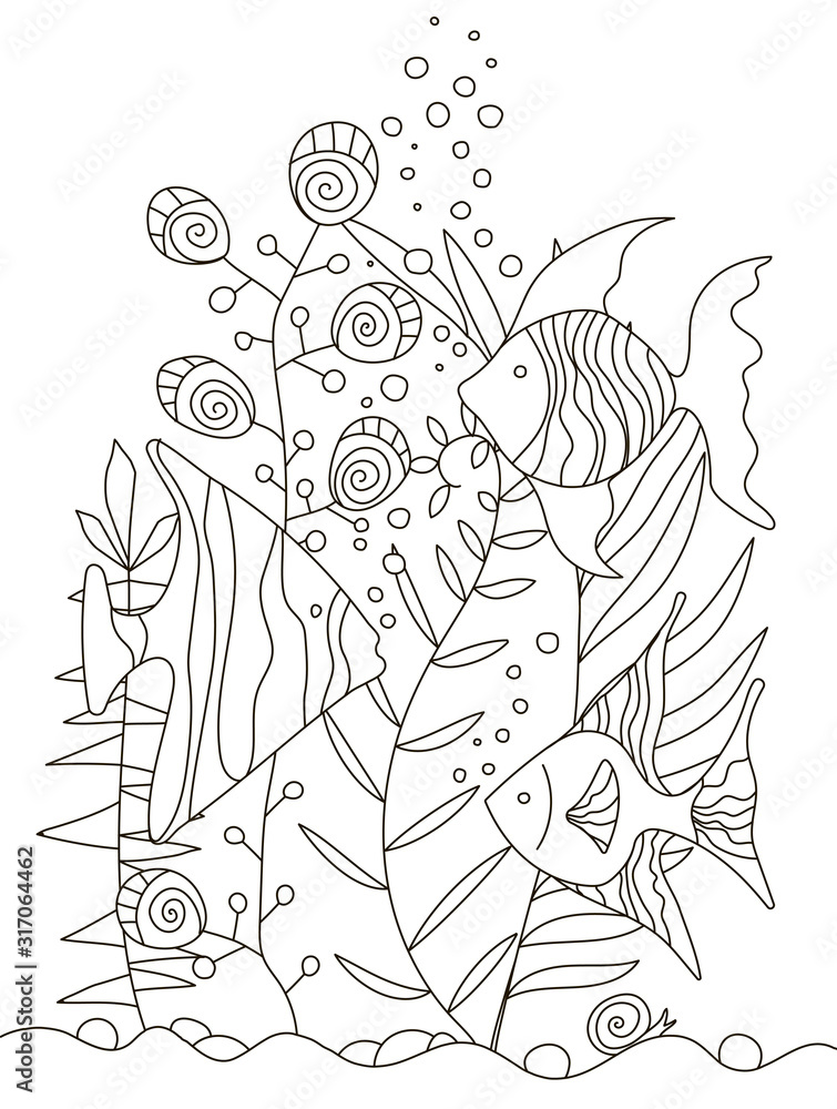 Hand drawing coloring pages for children and adults a beautiful pattern with small details for creativity antistress coloring book with tropical fish algae ocean underwater world vector