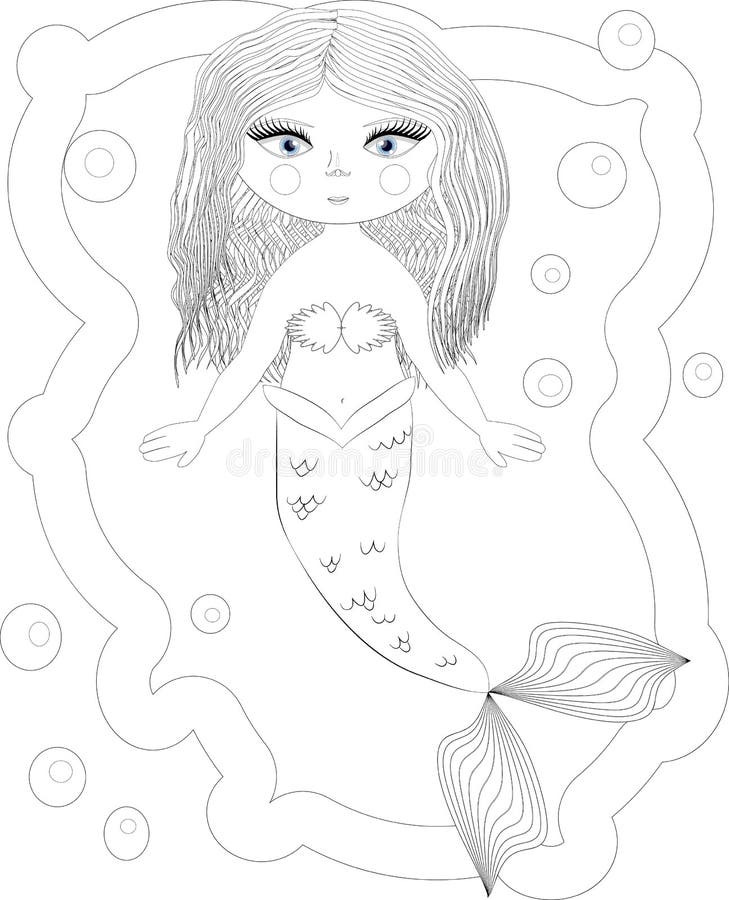 Beautiful mermaid underwater world anti stress coloring book for adult outline drawing coloring page black and white in stock illustration