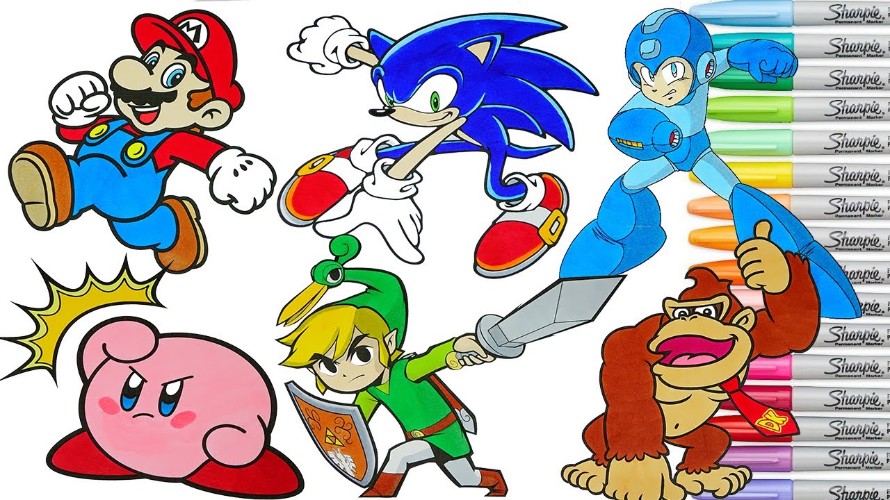 Super sash bros coloring book pages ario sonic toon link egaan donkey kong kirby rainbow splash